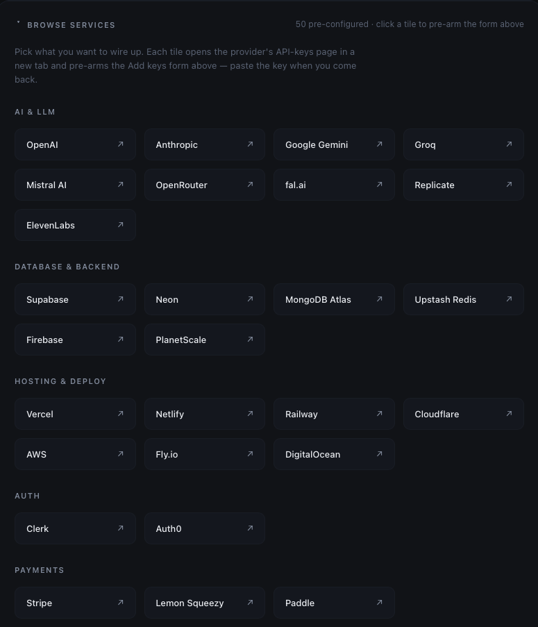 The Browse Services panel — AI & LLM, Database, Hosting, Auth, Payments tiles