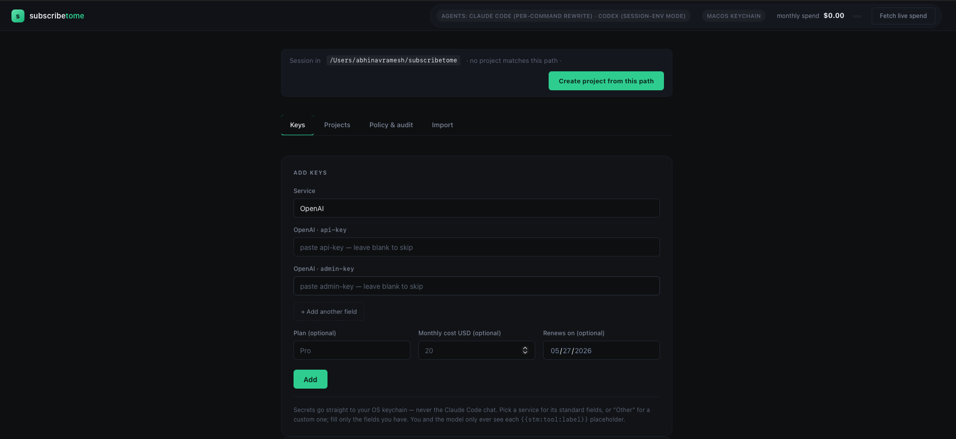The dashboard's Keys tab — Add Keys form with OpenAI api-key and admin-key fields, header showing active agents and keystore