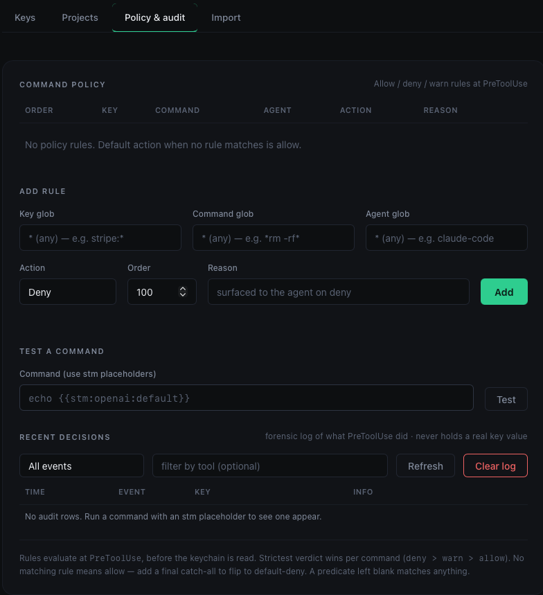 The Policy & audit tab — Add rule form, Test a command, Recent decisions