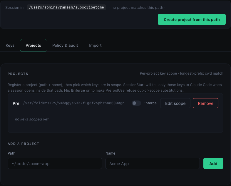 The Projects tab — a registered project path with an Enforce toggle and Edit scope / Remove buttons
